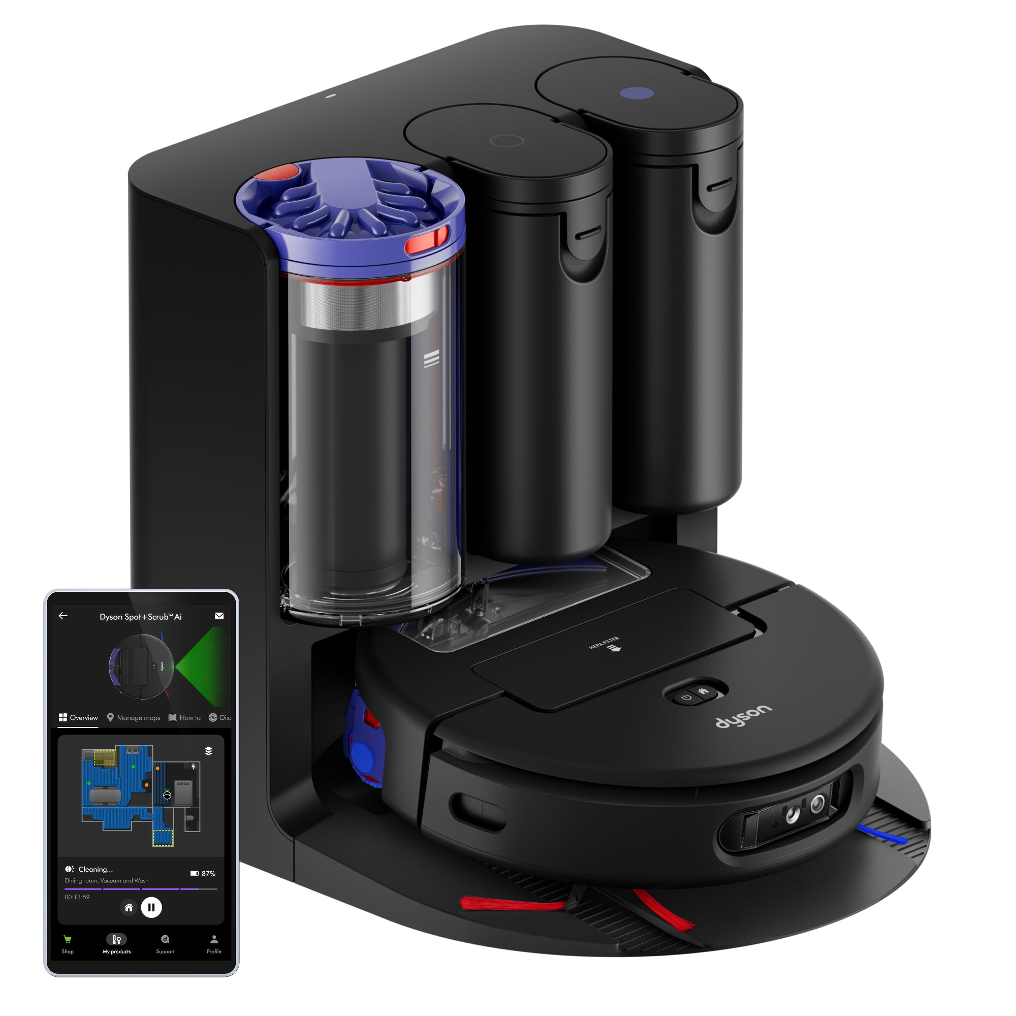 Robot Aspirador Dyson Spot+Scrub AI (18.000 Pa, fregona activa, luz verde detecta manchas, base autovaciado 3L, 200 min, negro/azul)