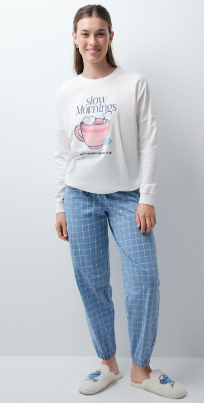 Pijama largo algodón Snoopy cuadros 100% algodón, tallas XS a L