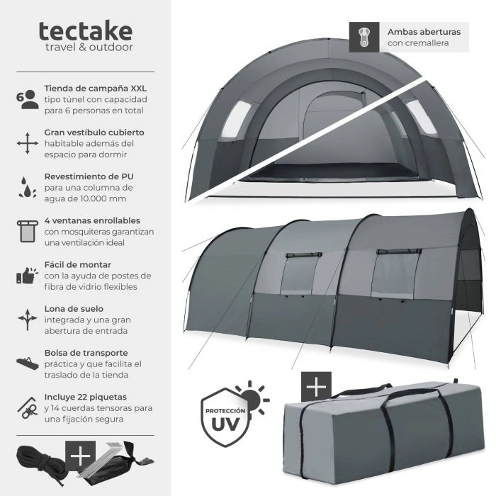 Tienda de campaña ROSKILDE [6 personas, con toldo y sueldo; proteccion UVA 50+; 350x480x195cm]
