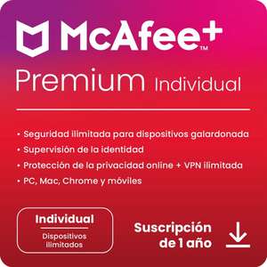 1 año de antivirus McAfee+ Premium (dispositivos ilimitados) [Basic por 30 €/año]