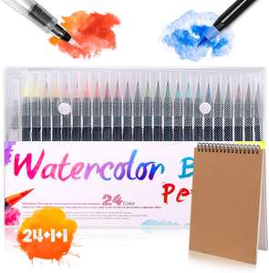 Rotuladores con Punta de Pincel (Acuarelables) para Lettering, Cómic, Colorear - [Pack 24 Colores + Cuaderno de Dibujo + Boli de Agua]