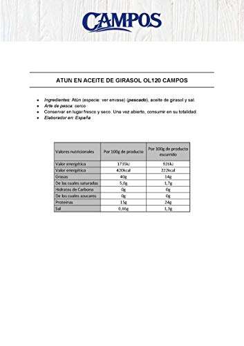 2x Campos Conserva De Atún En Aceite De Girasol - Lata Oval De 111 Gr/ 120 Ml, 111 [1'17€/ud]