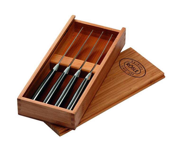RÖSLE Juego de 4 cuchillos para carne, de alta calidad con caja de madera