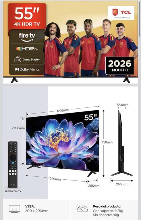 TCL 55V6D Televisor 55 Pulgadas 4K UHD Smart TV, Fire TV, Alexa Integrado, Dolby Vision & Atmos, Game Master, HDR10+, Control por Voz