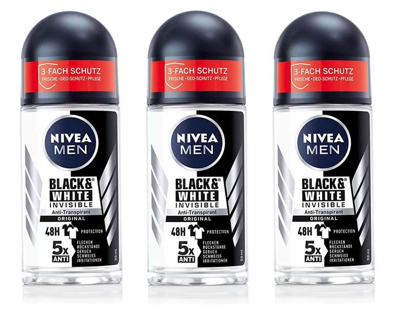 3 botes desodorante NIVEA MEN ROLL-ON BLACK+WH