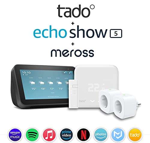 Echo Show 5 (2.ª generación, modelo 2021) + tado° Termostato Inteligente + 2 x Enchufes Inteligentes Meross