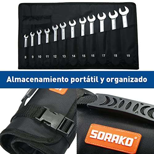 SORAKO Juego llaves de Carraca (12 piezas, 8-19 mm), Estándar, Superficie Pulida Galvanizada, Engranaje de Trinquete de 72 Dientes