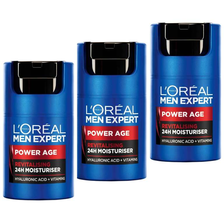 3 x L'Oréal Crema Men Experto Power Age hidratante para hombre, Antiarrugas y antienvejecimiento, Con ácido hialurónico [Unidad 4'83€]