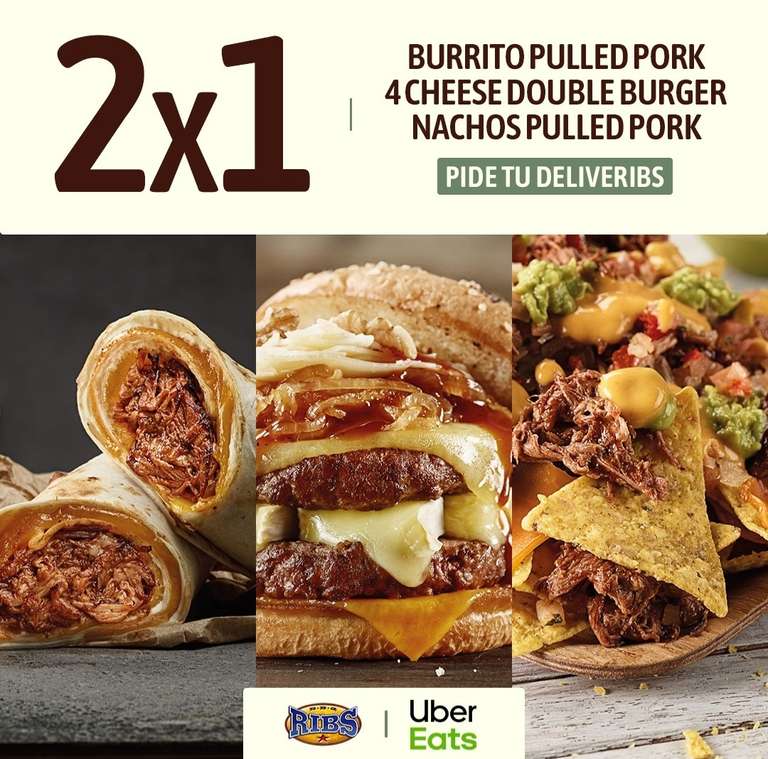 2x1 en Burrito Pulled Pork, la 4 Cheese Double Burger y Nachos Pulled Pork de Ribs pidiendo en Uber Eats