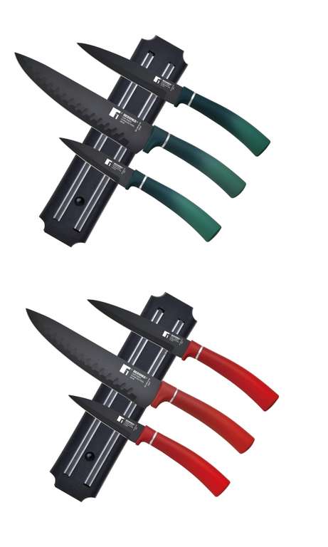 2ª un. 50% (8 piezas por 22.49€) Set 3 Cuchillos + barra magnética en Acero Inoxidable BEGRNER Classique - en rojo y verde
