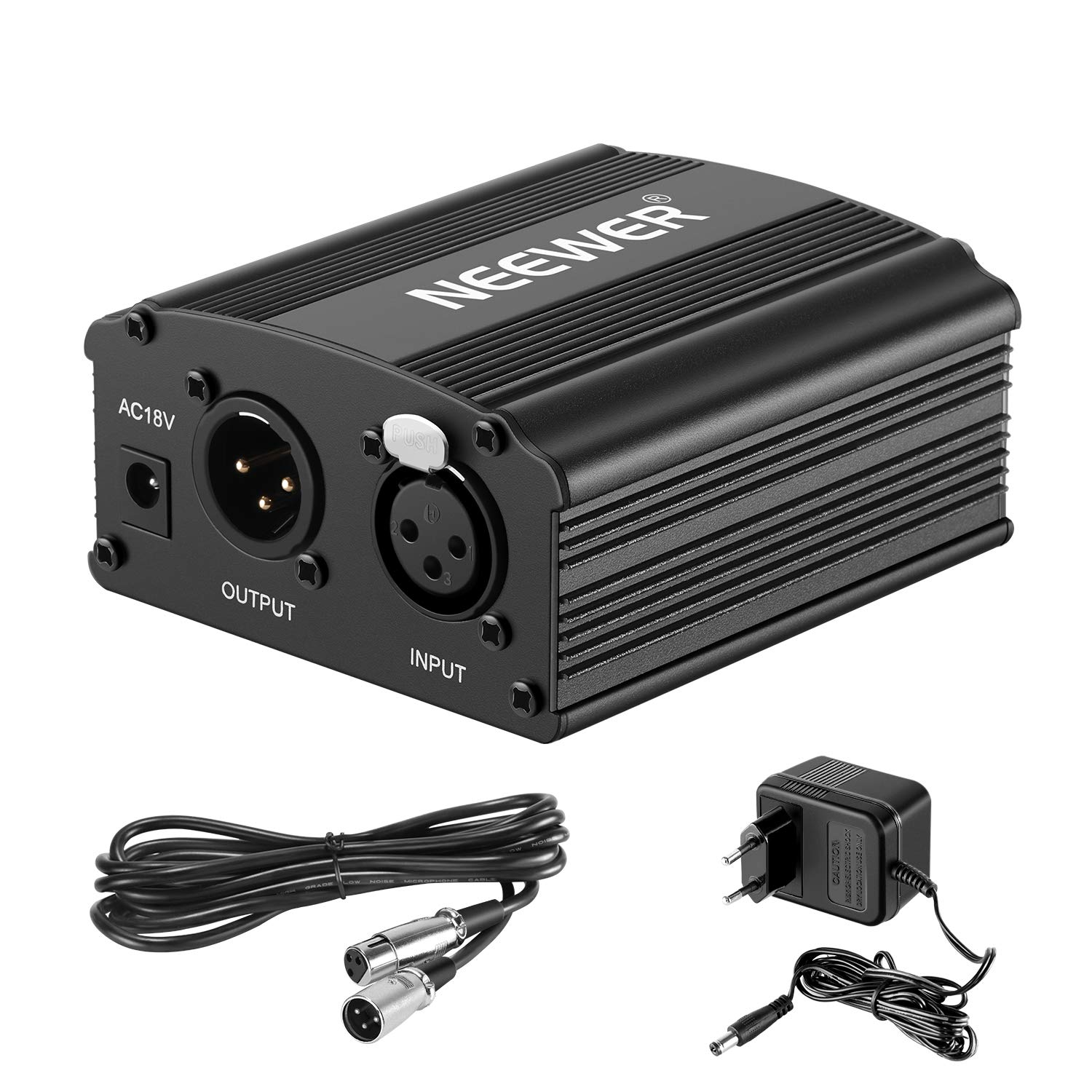 Neewer 1-Canal Phantom 48V Alimentación Suplimiento Negro con Adaptador y Cable de Audio XLR para Caulquier Micrófono Condensador Músico