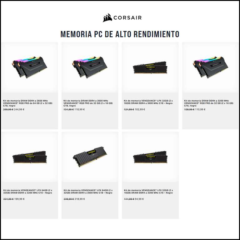 Recopilación de ofertas Memoria RAM DDR4 en la web de Corsair