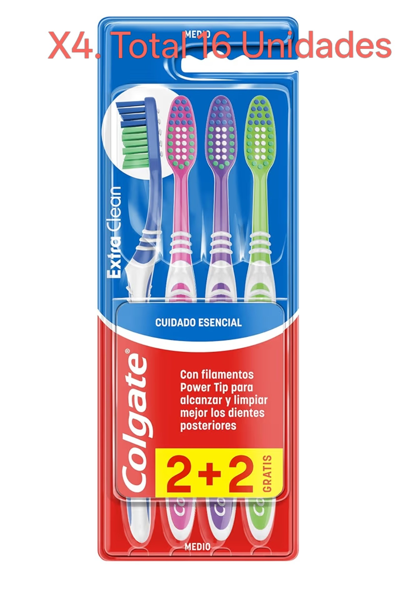 X4. ( 16 Unidades) COLGATE Cepillo de dientes Extra Clean medio, limpia alcanzando hasta los dientes posteriores Pack 2+2, Multicolor.
