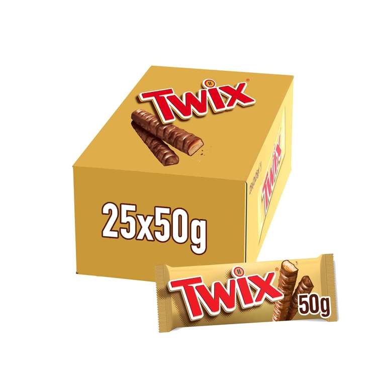 Twix Chocolatina con Galleta crujiente y suave caramelo recubiertos de chocolate con leche (25 x 50g)