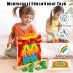 VORHOT 3D Anillos de Arcoíris Puzzle de Madera, Juguetes Montessori con 54 Piezas Coloridos Bloques de Construcción y Marco.