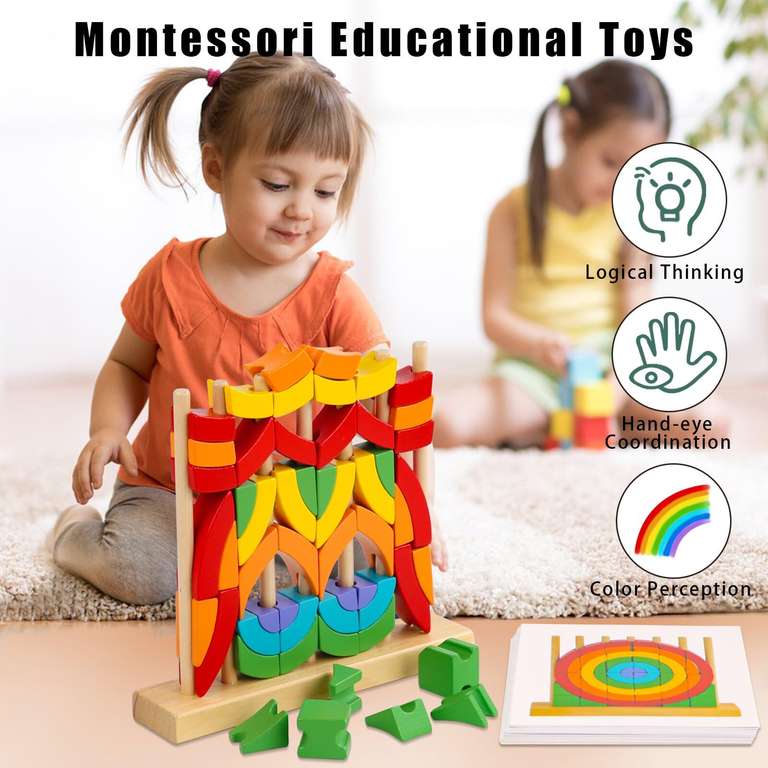 VORHOT 3D Anillos de Arcoíris Puzzle de Madera, Juguetes Montessori con 54 Piezas Coloridos Bloques de Construcción y Marco.