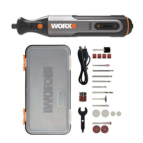 WORX 8V Mini Amoladora Inalámbrica WX106, Carga USB, Portaherramientas de Tamaño 3,2 mm, Control de Velocidad Variable, 23 Accesorios