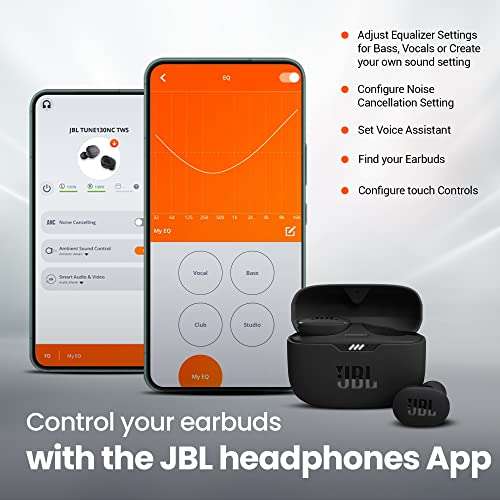 JBL TUNE 130NC TWS - Bluetooth IPX4 con micrófono incorporado para música, deportes y llamadas, 40h batería, estuche de carga, negro