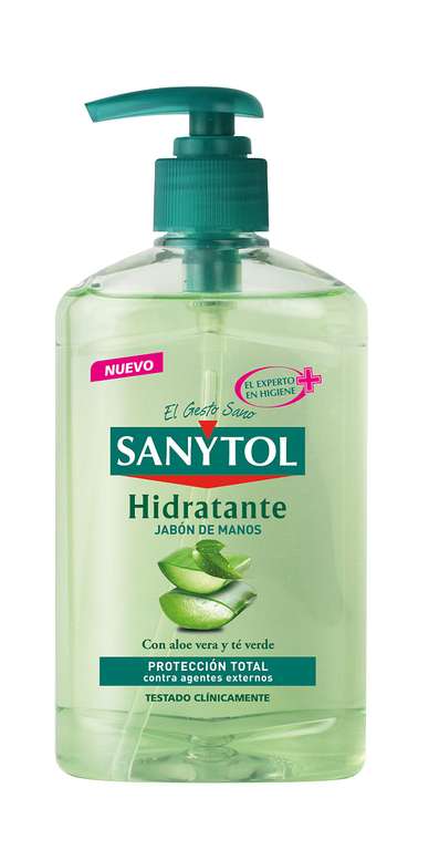 Un bote de jabón de manos Sanytol hidratante con aloe vera y té verde