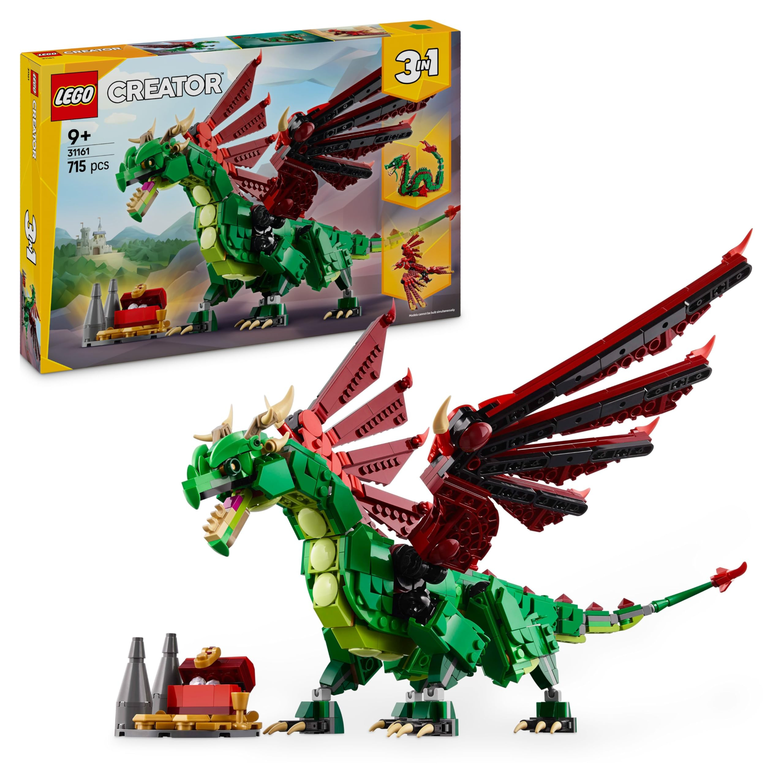 LEGO Creator 3 en 1 Dragón Medieval 31161 Juguetes para niños de 9+ años, transformable en figuras de ave fénix o serpiente marina