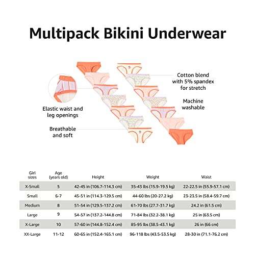 Ropa Interior AMAZON ESSENTIALS Tipo Bikini Niña, Paquetes Múltiples (14 BRAGUITAS)