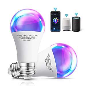 2x bombillas RGB inteligentes 15w LED compatibles con Alexa y Google Home