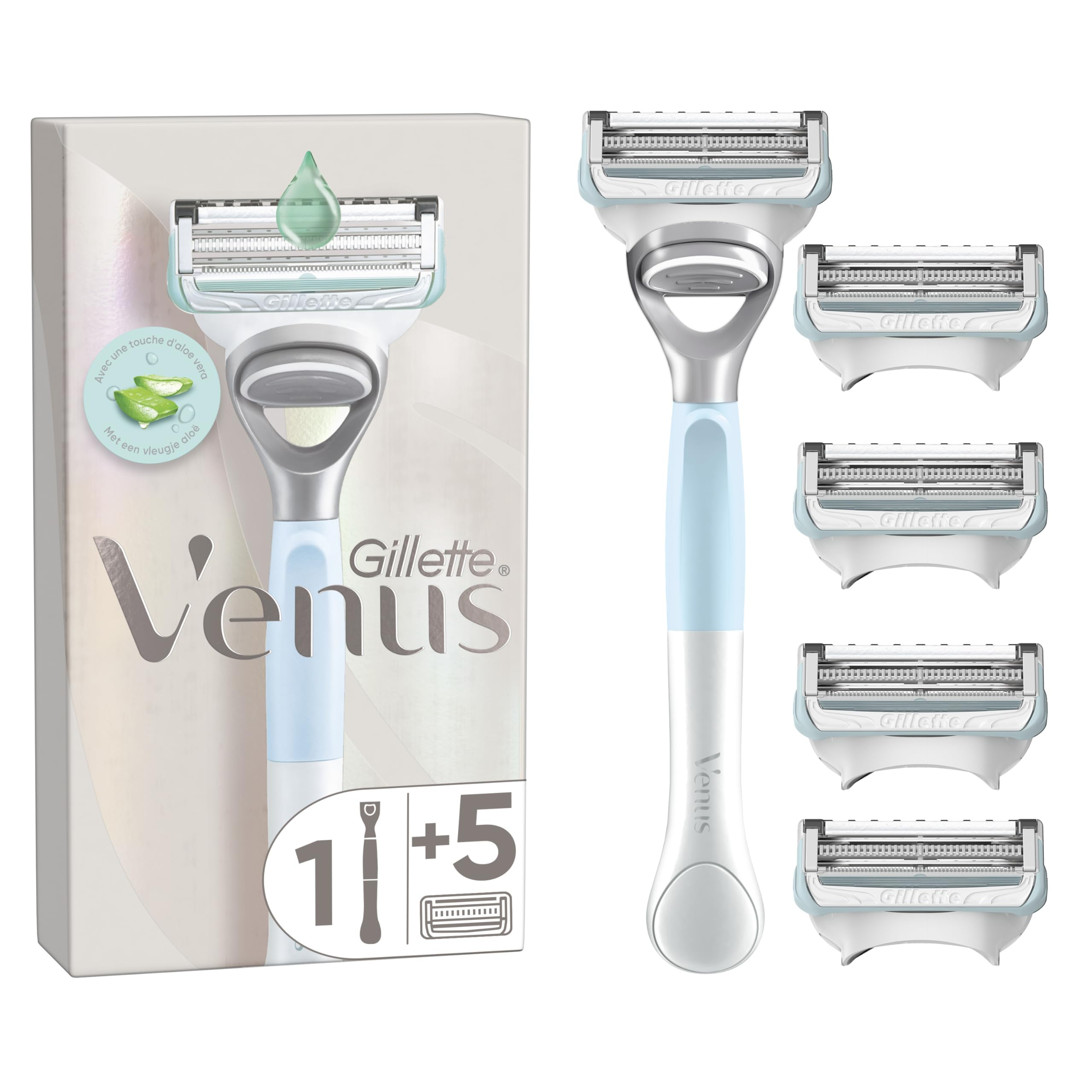 Gillette Venus Maquinilla de Depilación Mujer para Ingles Y Zona Íntima 1 Mango Y 5 Recambios con Barra Hidratante con Aloe Vera