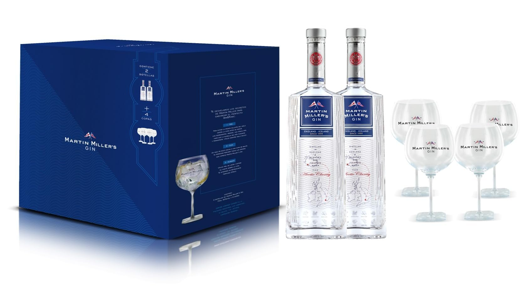 Martin Miller's Ginebra - Pack para Regalo: 2 Botellas de 70 cl + 4 Copas Exclusivas | Para Gin Tonic y Cócteles Sofisticados (CR)