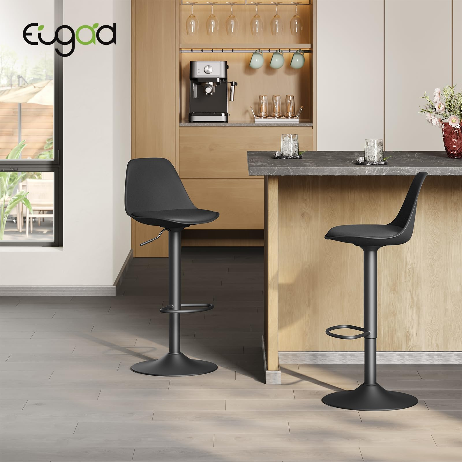 Juego de 2X Taburete de Bar Giratorio, con Altura Ajustable Entre 60,5 y 82 cm, Estructura Metal, con Respaldo y Reposapies