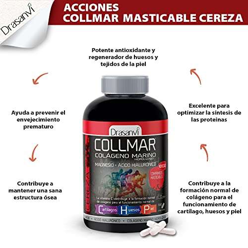 COLLMAR Masticable Colágeno Marino Hidrolizado con Ácido Hialurónico, Magnesio, Vitamina C natural para cartílagos, huesos y piel