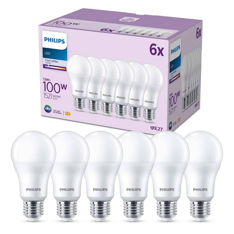 Pack 6. Philips – Bombilla LED A60 13W