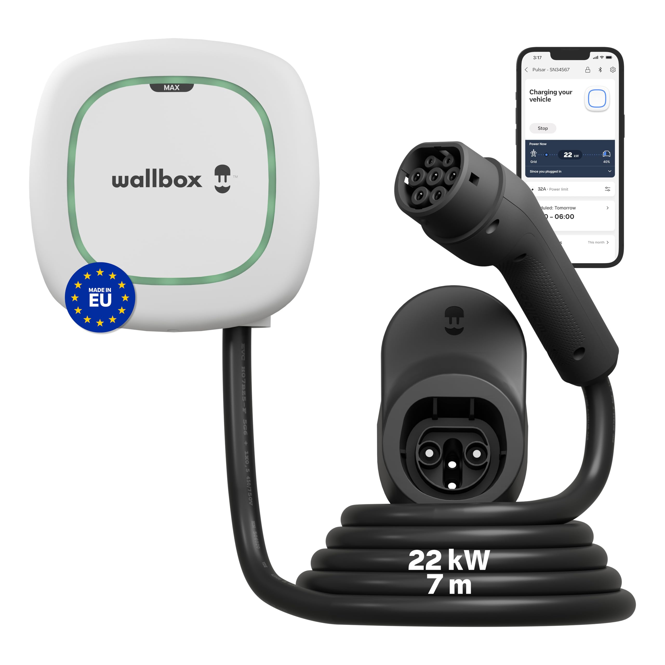 Wallbox Pulsar Max 22kW - Cargador Coche Electrico 32 A -Cable 5 Metros -Cargador EV Tipo 2