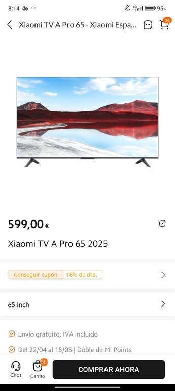 Xiaomi Tv A PRO QLED 65" 4K Google Tv. (Con mi points 392€)