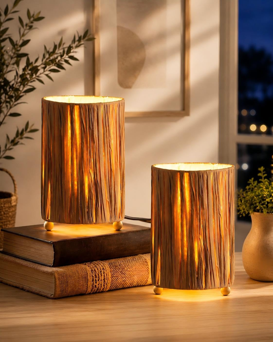 Juego de 2 Lámparas de Mesita de Noche, Ratán Boho Vintage Lámparas Mesilla con Pantalla Negra Calada, con 1 Bombilla LED de 4W 2400K