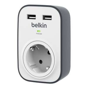Belkin SurgeCube - Regleta de protección contra sobretensiones con 1 enchufe, 2 puertos, protección hasta 306 julios USB, blanco