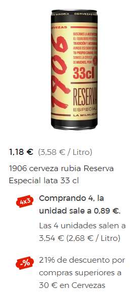1906 Cerveza rubia Reserva Especial lata 44 x 33 cl. [0,699€/lata]
