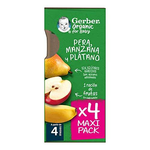 Gerber Organic Pera Manzana Plátano, Maxipack 4 x 90 g