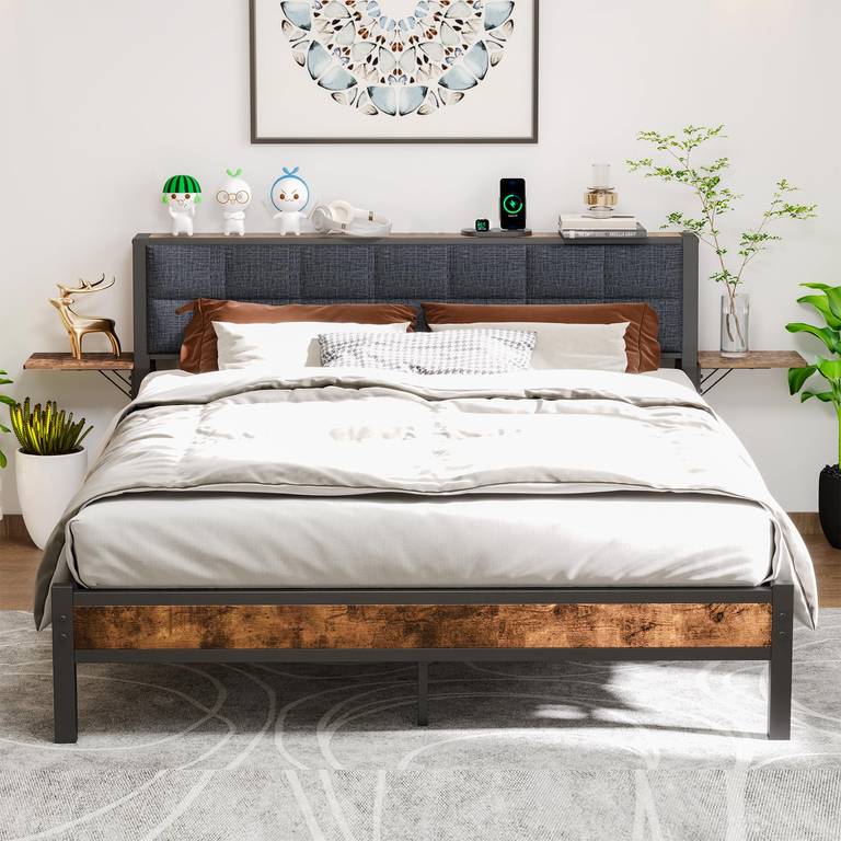 Cama tapizada de 140 x 200 cm, estructura de cama individual de diseño con cabecero