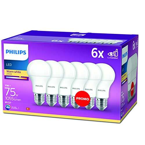 Pack 6 unidades Philips LED E27 luz blanca cálida + Pack 6 unidades LED Classic Bombilla E14