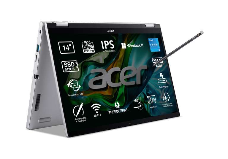 Convertible 2 en 1 - Acer Spin SP314-55N, 14" Full HD, Intel Core i5-1235U, 8GB RAM, 512GB SSD, UMA, Windows 11 Home, Plata
