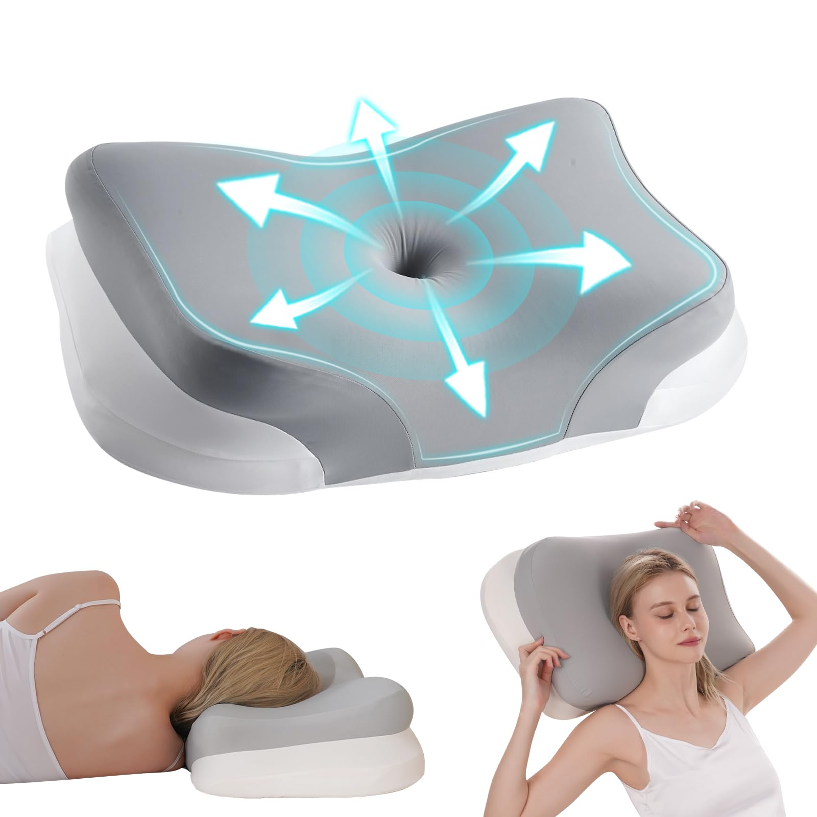 Almohada Cervical Ergonómica Memory Foam, Gris, 60x37x12 cm