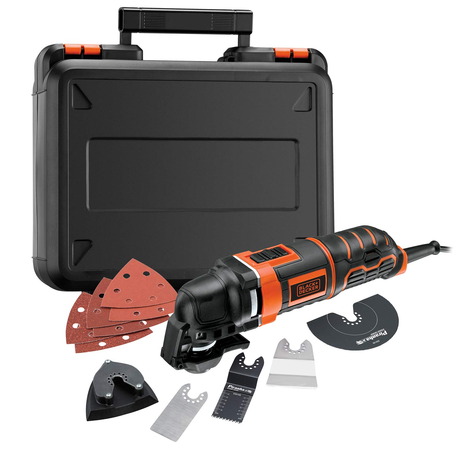 BLACK+DECKER Multiherramienta Oscilante 300 W con 5 Acoplamientos, 6 Hojas de Lija y Maletín,