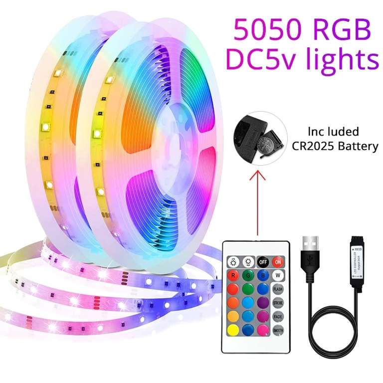 15M de Tira de luces Led RGB 5050 5V, cinta de colores, conector USB con batería remota y mando