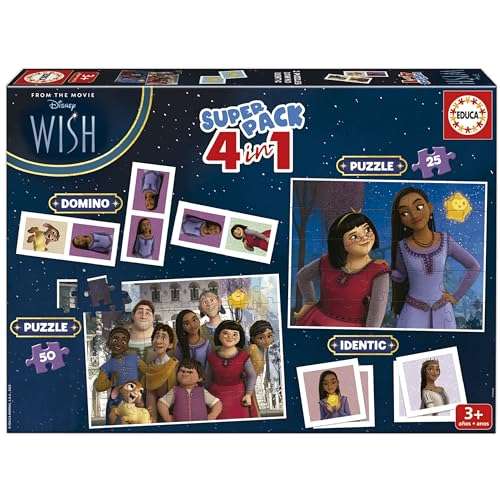 Superpack Wish, Juegos de Mesa Infantiles como Domino, Identic y 2 Puzzles de 25 y 50 Piezas.