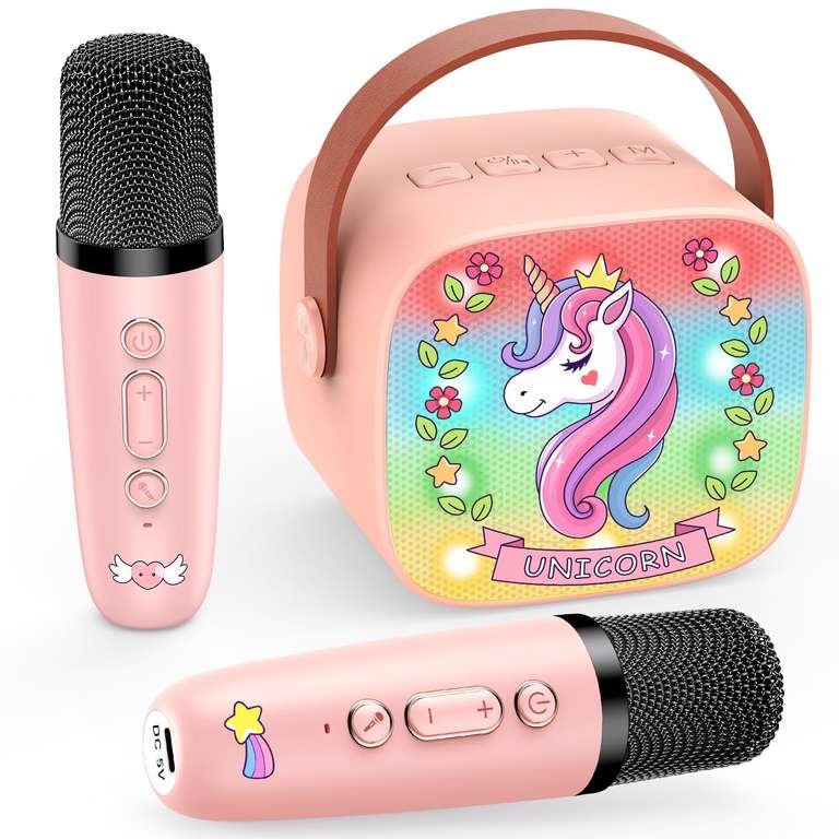 Move2Play, Mini Máquina de Karaoke para Niños | Canciones integradas 20 | Altavoz Bluetooth y Micrófonos | Efectos de Voz | Juguete Musical para Niños Pequeños | Regalo para Navidad