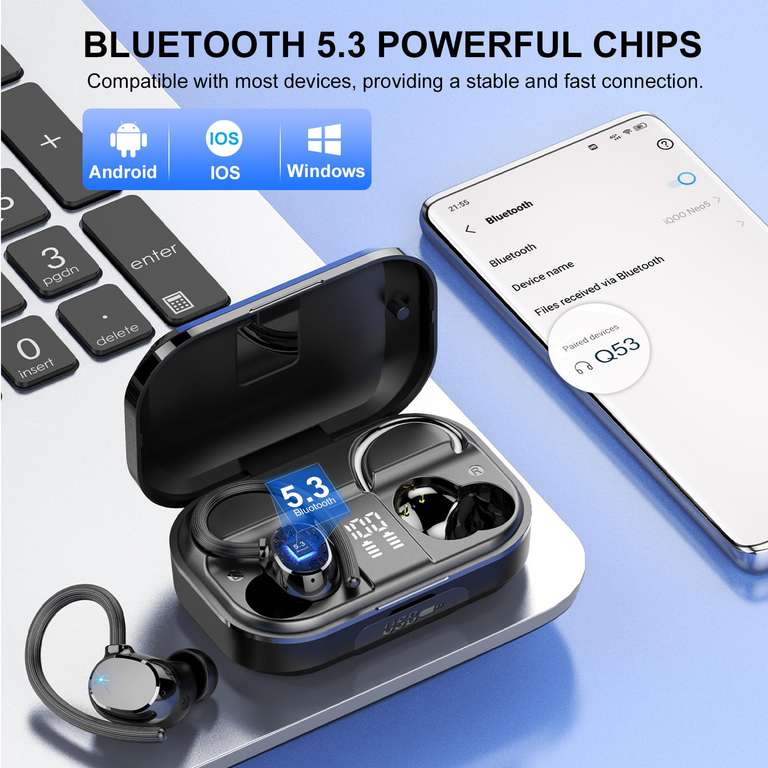 POMUIC Auriculares Inalámbricos Deportivos Bluetooth 5.3, 120H de Reproducción con Cancelación Ruido
