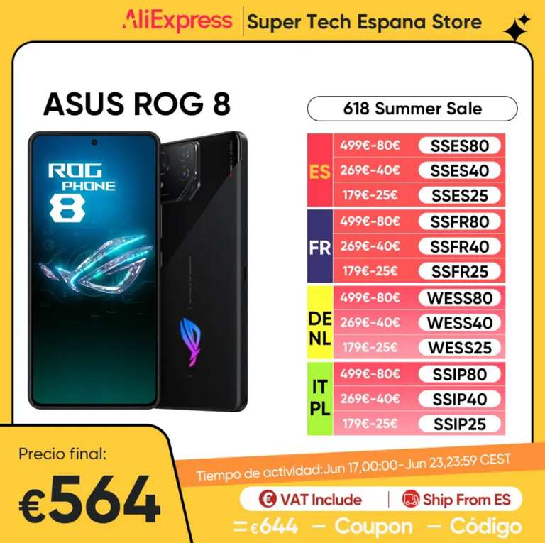 ASUS ROG 8 5G, Smartphone para videojuegos con Snapdragon 8 Gen 3, Pantalla AMOLED de 6,78 pulgadas y 165Hz, carga rápida de 65W