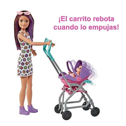 Barbie Skipper Niñera Muñeca con Carrito de bebé y niño, Juguete con 7 Accesorios