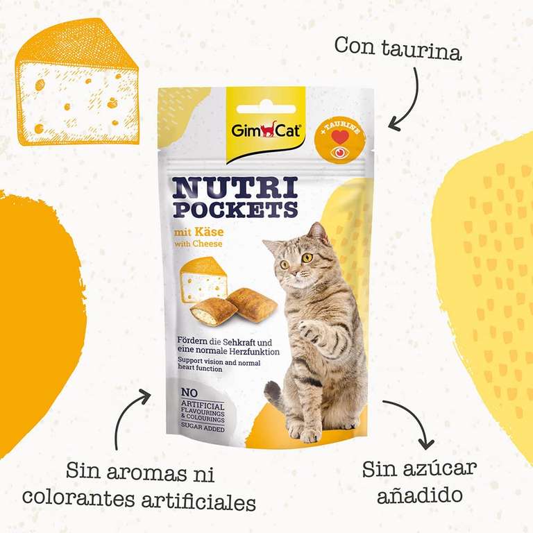 GimCat Nutri Pockets queso - Snack crujiente para gatos, con relleno cremoso e ingredientes funcionales - 1 bolsa (1 x 60 g)
