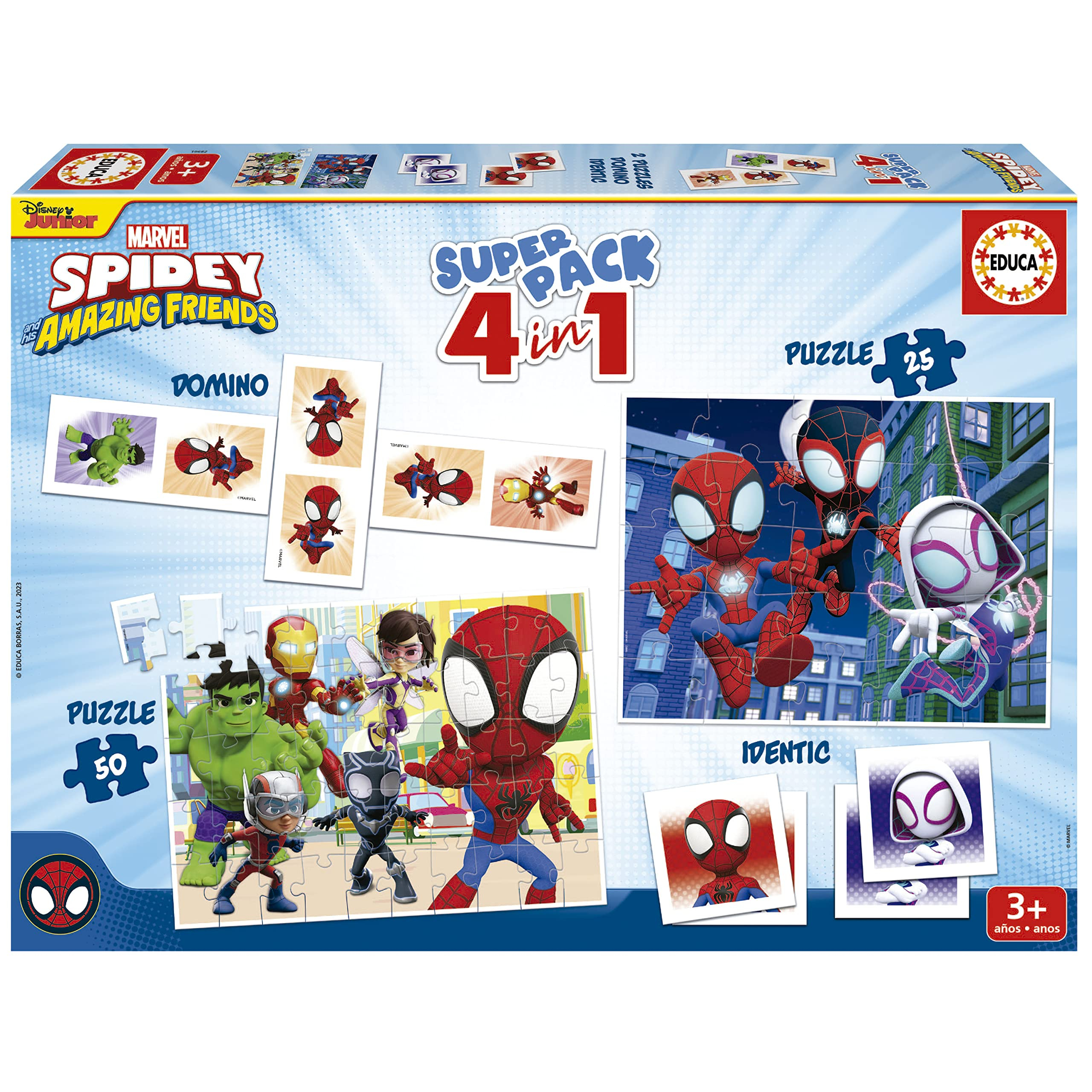 Educa - Superpack Spidey y Sus Increíbles Amigos 4 en 1 | Puzzles, Dominó | 2 Puzzles 25 y 50 Piezas, Dominó 28 fichas, Identic 28 Cartas
